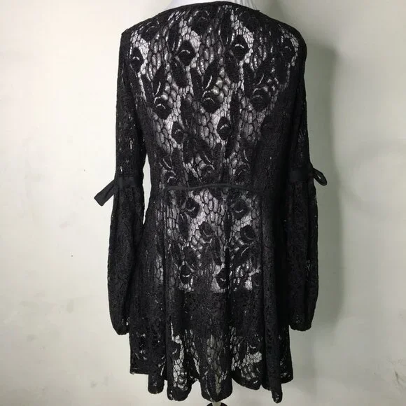 New Free People Women's Black Boho Lace Long Sleeve Dress Size Small - Picture 12 of 15